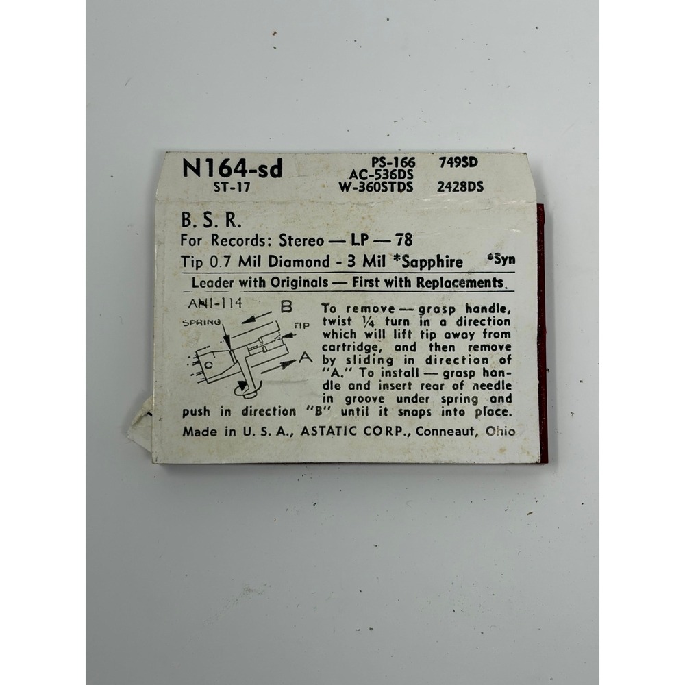 Astatic N164-sd Diamond Stylus Replacement Needle for B.S.R. PS-166 ST-17 749SD - Picture 2 of 2
